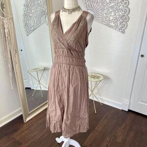 DKNY Jeans 100% Brown Cotton Early 2000's Beaded Boho Babydoll Dress XS